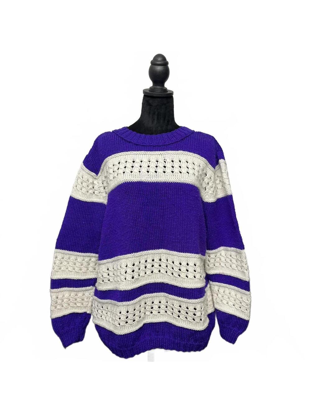 Purple White Striped Chunky Knit Sweater Oversized Cozy Fit Sz L/ XL